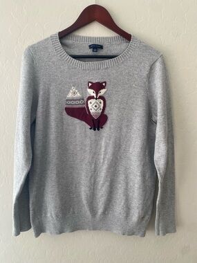 Tommy Hilfiger Gray Crewneck Sweater with Burgundy Fox Motif